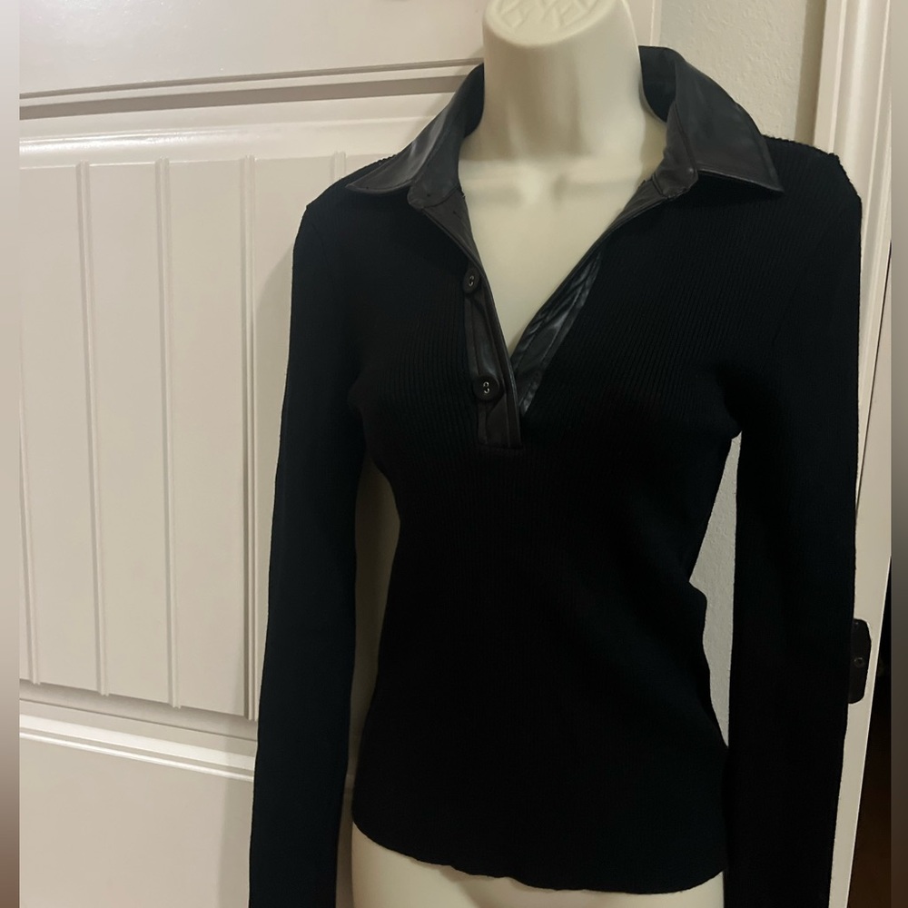Laundry By Shelli Segal Black Button Down Shirt with Faux Leather Collar